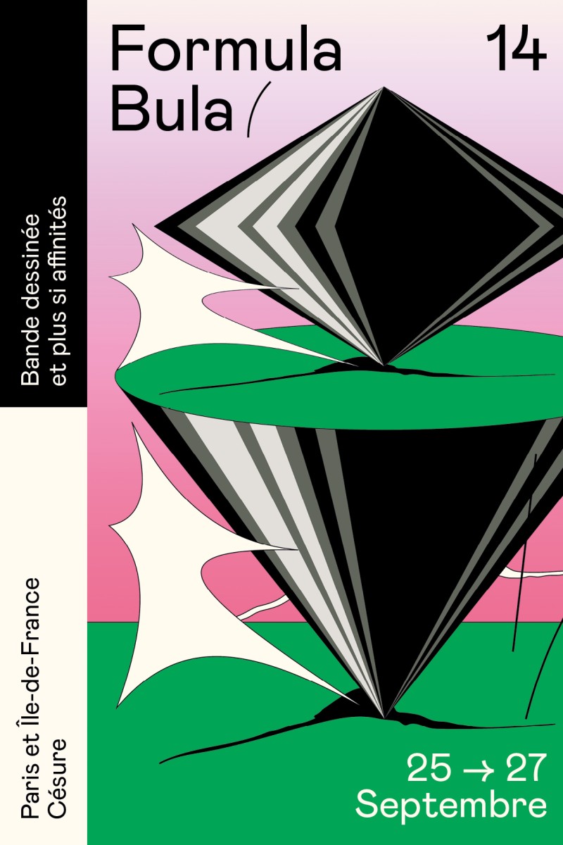 Affiche de la 14e édition de Formula Bula : composition géométrique abstraite, deux cônes noir et gris opposés par la pointe traversant un disque vert, sur un fond rose, avec des formes blanches évoquant des bulles de bande dessinée.